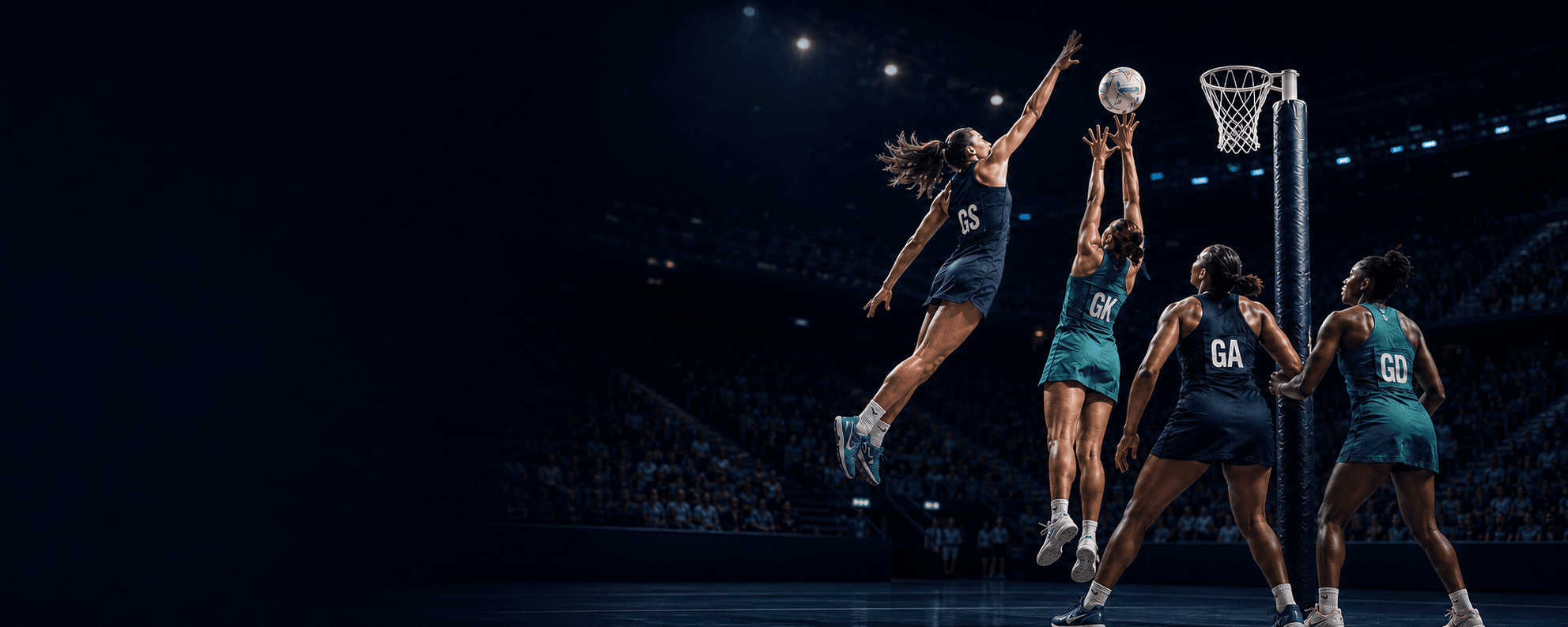 International netball players contesting the ball beneath the goal post